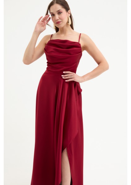 Kadın Bordo Volanlı Yırtmaçlı Saten Abiye & Mezuniyet Elbisesi modelleri