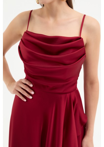 Kadın Bordo Volanlı Yırtmaçlı Saten Abiye & Mezuniyet Elbisesi fırsatları