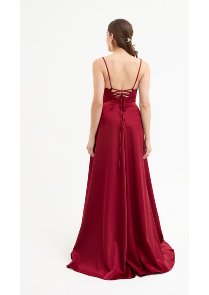 Kadın Bordo Volanlı Yırtmaçlı Saten Abiye & Mezuniyet Elbisesi indirimleri