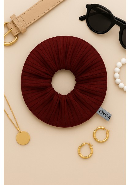 Bordo Fitilli Ribana Saç Tokası – Dış Dikiş Detaylı, Yumuşak Lastikli Scrunchie