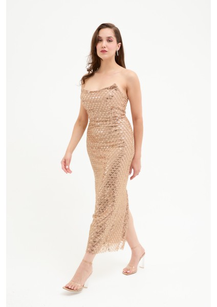 Kadın Gold Straplez Boncuklu Midi Abiye Elibse