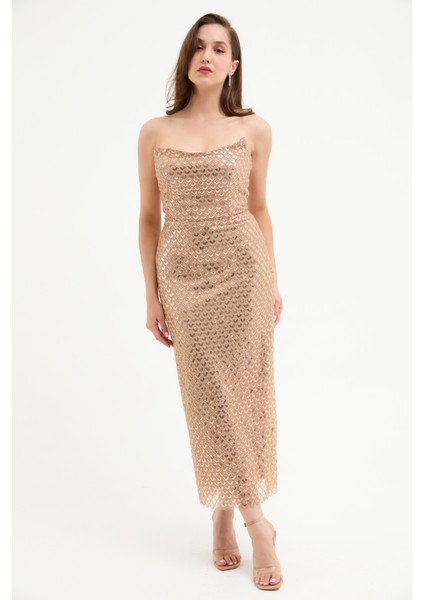 Kadın Gold Straplez Boncuklu Midi Abiye Elibse fiyatları