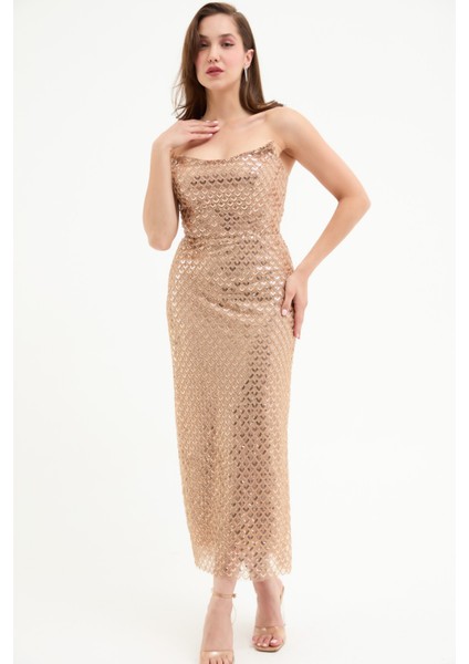 Kadın Gold Straplez Boncuklu Midi Abiye Elibse modelleri