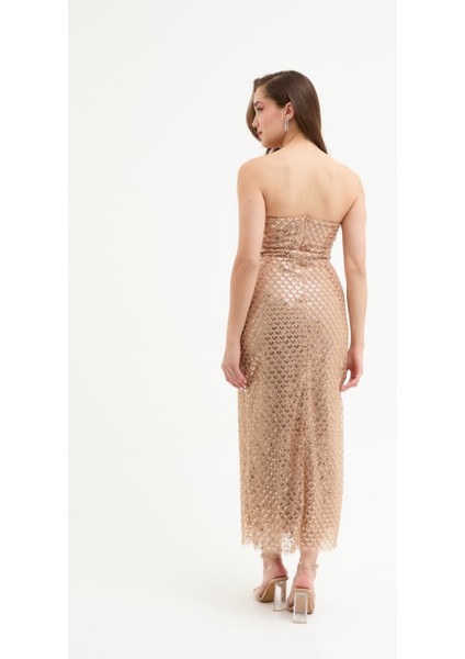 Kadın Gold Straplez Boncuklu Midi Abiye Elibse indirimleri