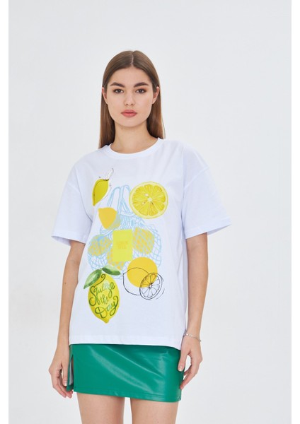 Kadın Limon Baskılı Lila Oversize Yazlık Tişört Squeeze The Day