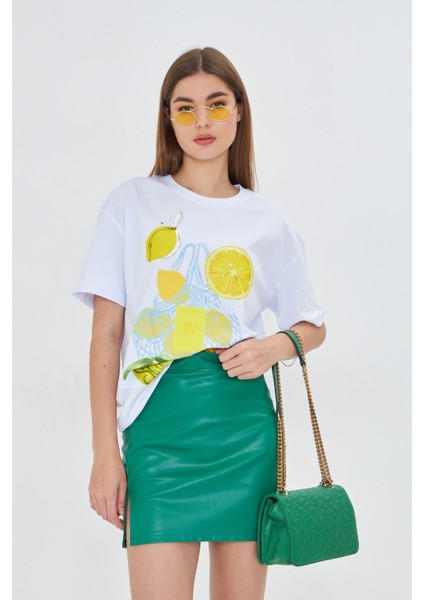 Kadın Limon Baskılı Lila Oversize Yazlık Tişört Squeeze The Day modelleri