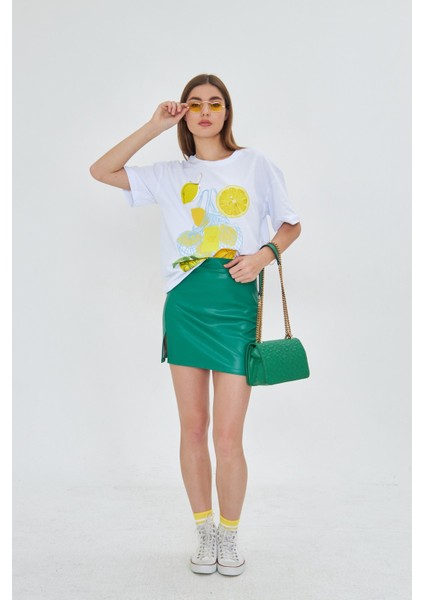 Kadın Limon Baskılı Lila Oversize Yazlık Tişört Squeeze The Day fırsatları