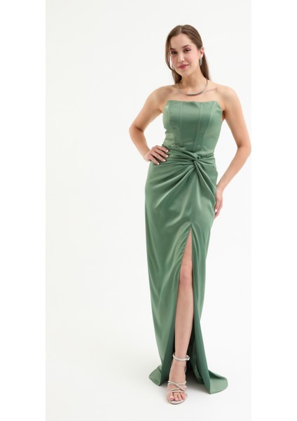 Kadın Haki Kruvaze Astarlı Dokuma Korse Detaylı Saten Uzun Abiye Elbise