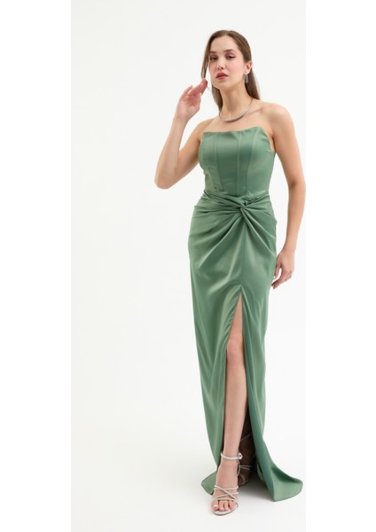 Kadın Haki Kruvaze Astarlı Dokuma Korse Detaylı Saten Uzun Abiye Elbise fiyatları