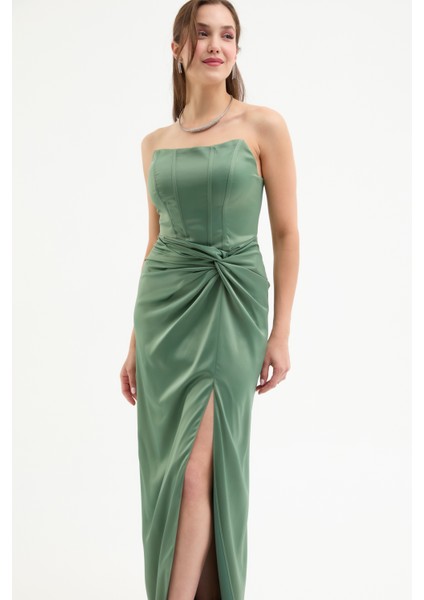 Kadın Haki Kruvaze Astarlı Dokuma Korse Detaylı Saten Uzun Abiye Elbise modelleri