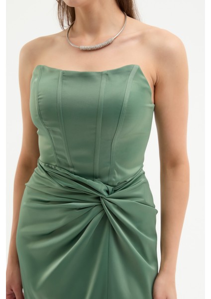 Kadın Haki Kruvaze Astarlı Dokuma Korse Detaylı Saten Uzun Abiye Elbise fırsatları