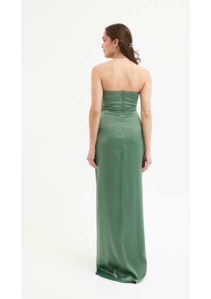 Kadın Haki Kruvaze Astarlı Dokuma Korse Detaylı Saten Uzun Abiye Elbise indirimleri