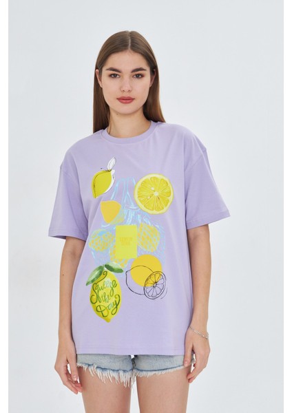 Kadın Limon Baskılı Lila Oversize Yazlık Tişört Squeeze The Day