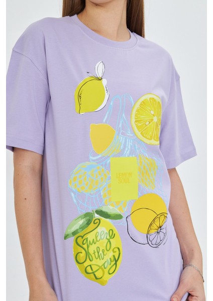 Kadın Limon Baskılı Lila Oversize Yazlık Tişört Squeeze The Day modelleri