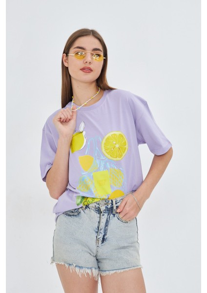 Kadın Limon Baskılı Lila Oversize Yazlık Tişört Squeeze The Day fırsatları