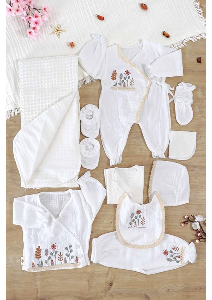 Kız Bebek Yenidoğan Işlemeli Süslü Natural Müslin 10 Lu Lüks Hastane Çıkışı Zıbın Seti STL6998