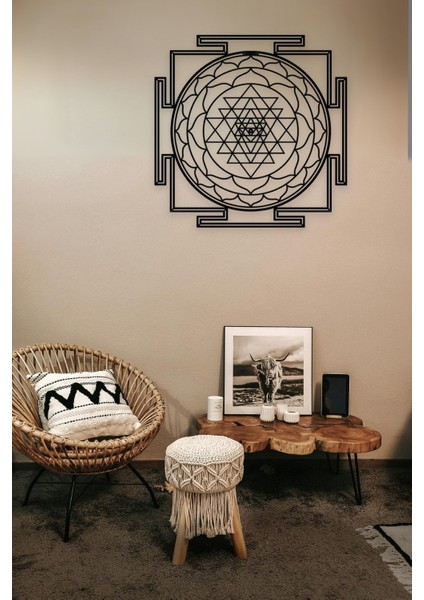 Sri Yantra Yoga Dekoratif Siyah Metal Duvar Tablosu 45X45