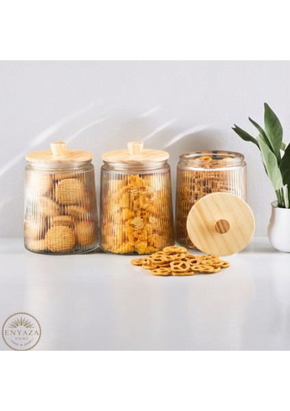3’lü Bambu Vakum Kapaklı Çizgili Cam Çay Şeker Kahve Tuz Bakliyat Saklama Kavanozu 1300 ml