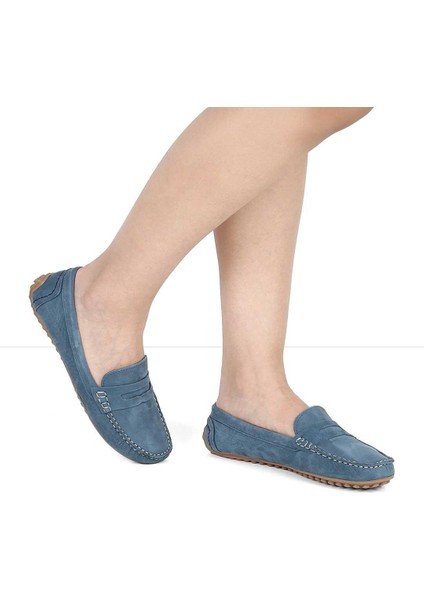 Kadın Mavi Nubuk Deri Loafer