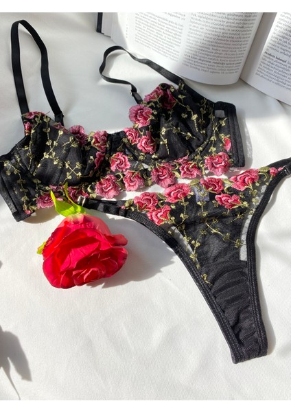 Siyah Pembe Çiçekli Dantel Balenli Bralet Sütyen Takım