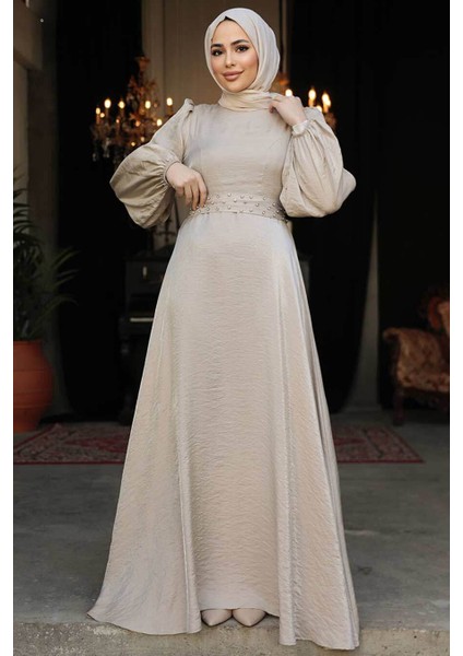 Boncuk Detaylı Vizon Tesettür Abiye Elbise 23301V