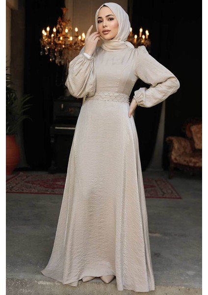 Boncuk Detaylı Vizon Tesettür Abiye Elbise 23301V fiyatları