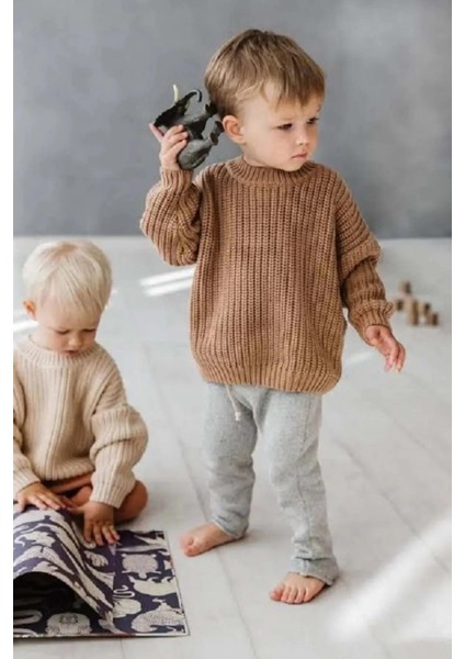 Unisex Bebek Triko Kazak – Kahverengi, Kalın Örgü, Kışlık, Sıcak Tutan Bebek Çocuk Kazak