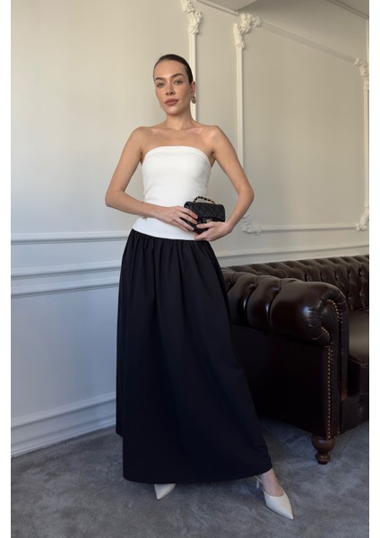 Çift Renkli Tasarım Elbise- Beyaz