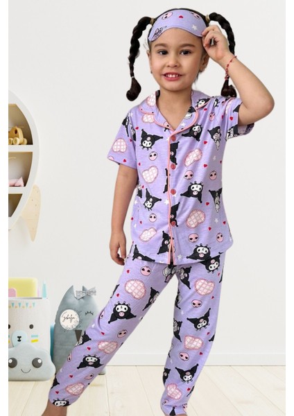 Kuromi Kız Çocuk Gömlek Yaka Düğmeli Kısa Kollu Yazlık Pijama Takımı