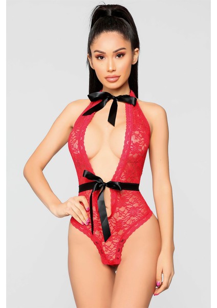 Kırmızı Boyun ve Bel Kısmı Fiyonklu Babydoll