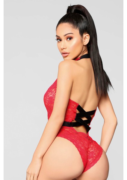 Kırmızı Boyun ve Bel Kısmı Fiyonklu Babydoll fiyatları