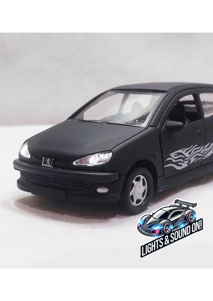 Peugeot 206 Model Araba - Metal - Çekbrak - Sesli Işıklı Siyah-Mat | 13CM