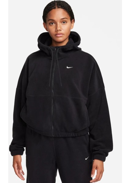 Therma Fit One Oversized Fleece Full Zip Hoodie Kadın Polar Kapüşonlu Oversize Sweatshirt Siyah