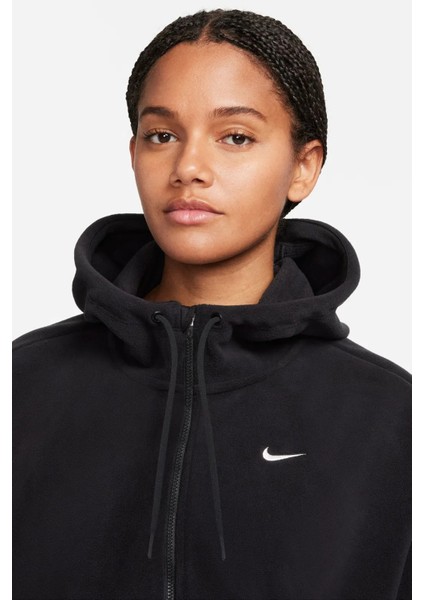 Therma Fit One Oversized Fleece Full Zip Hoodie Kadın Polar Kapüşonlu Oversize Sweatshirt Siyah modelleri