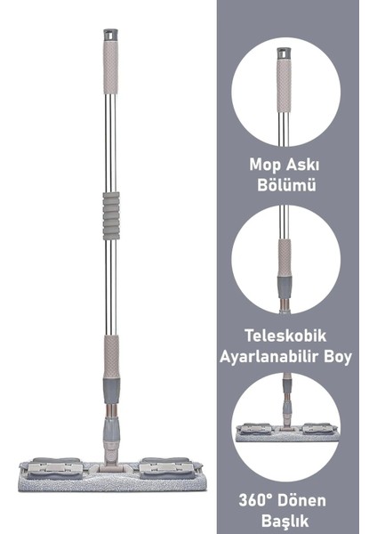 Gri Mandallı Mop - 1 Adet Yedek Mikrofiber Bez
