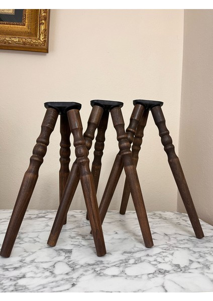 Koyu Meşe 38-41-44 cm Torna Ahşap Sehpa Puf Tabure Mobilya Ayağı – 3’lü Set Toplam 9 Ayak + 3 Girişli 3 Adet Bağlantı Aparatı ve Vidalar