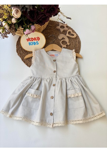 Gri Kız Bebek Cepli Keten Elbise modelleri