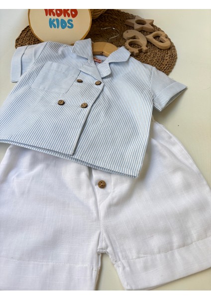 Mavi-Çizgili-Gömlek-Beyaz-Şort-Takım fiyatları