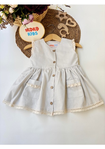 Gri Kız Bebek Cepli Keten Elbise
