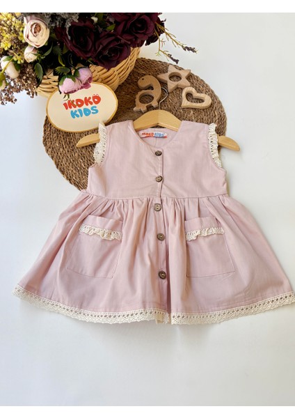 Gri Kız Bebek Cepli Keten Elbise