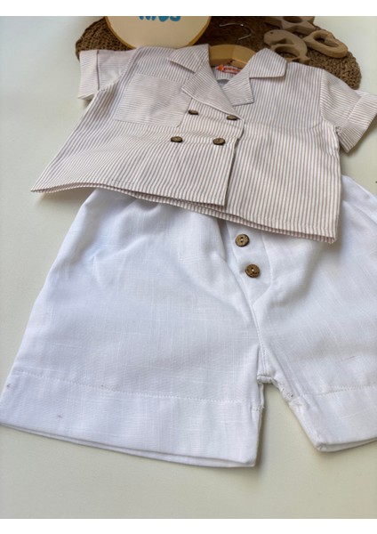 Mavi-Çizgili-Gömlek-Beyaz-Şort-Takım fiyatları