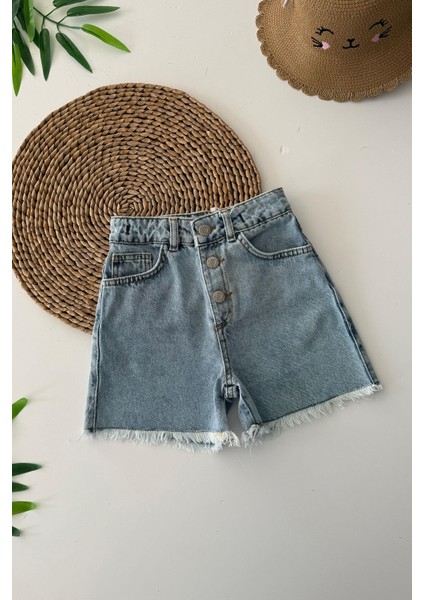 Kalp Detaylı Kız Çocuk kot şort - Açık Mavi