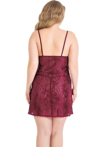 Aria's Closet Büyük Beden Bordo Kısa Jakarlı Gecelik