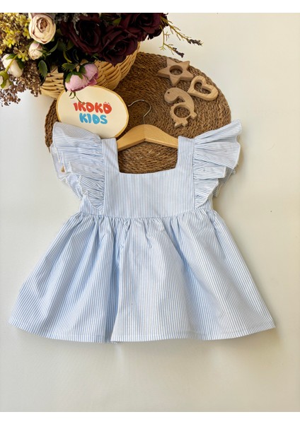 Mavi-Çizgili-Fırfır-Detaylı-Elbise