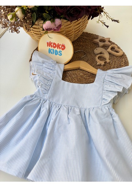 Mavi-Çizgili-Fırfır-Detaylı-Elbise fiyatları