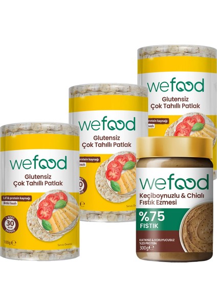 Keçiboynuzlu & Chialı Fıstık Ezmesi 300 G + Wefood Glutensiz Çok Tahıllı Patlak 100 gr 3'lü