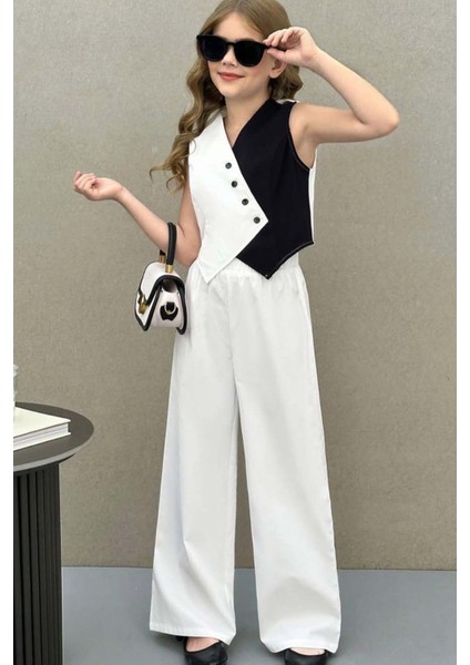 Kız Çocuk Asimetrik Kesim Çift Renk Yelek Palazzo Pantolon Alt Üst Takım