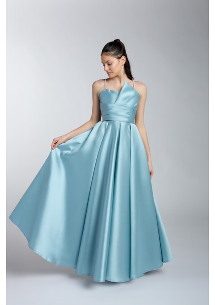 Çağla Rengi Taş Askılı Saten Uzun Mezuniyet Elbise