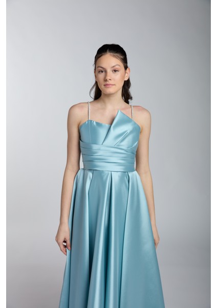 Çağla Rengi Taş Askılı Saten Uzun Mezuniyet Elbise fiyatları