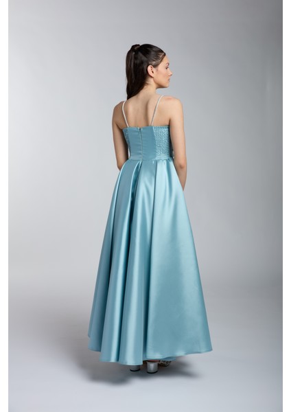 Çağla Rengi Taş Askılı Saten Uzun Mezuniyet Elbise modelleri